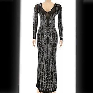 Long sleeve rhinestone mesh party dress